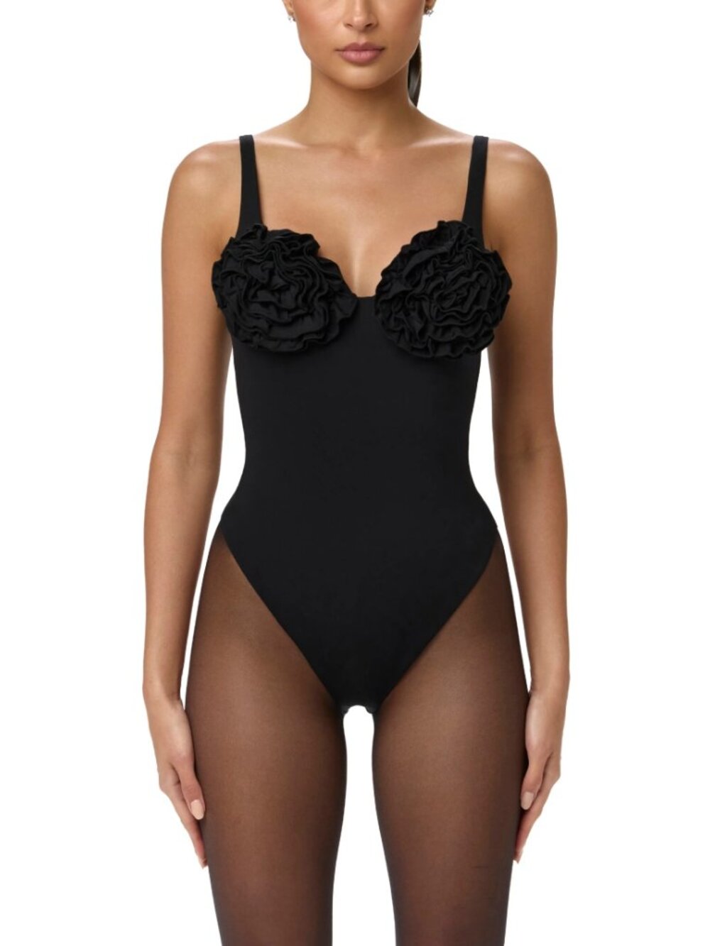 Naked Wardrobe Rosette Bust Bodysuit Black Wide Straps Sweetheart Neck Sz S NWT